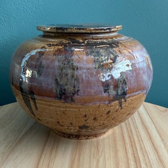 Vintage Handcrafted Glazed Ceramic Jar With Lid Brown Purple Drip Unsigned - Picture 2 of 9